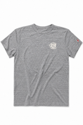 Load image into Gallery viewer, A heather gray short-sleeve crewneck t-shirt with a small white coffee cup graphic on the left chest and a small red logo on the right sleeve, shown flat against a white background.
