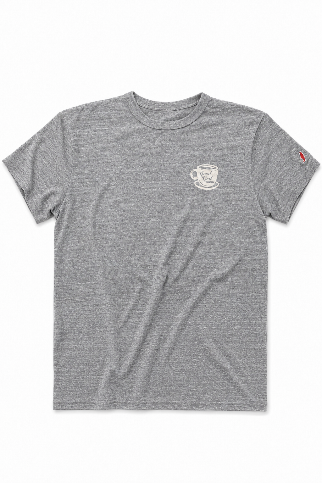 A heather gray short-sleeve crewneck t-shirt with a small white coffee cup graphic on the left chest and a small red logo on the right sleeve, shown flat against a white background.