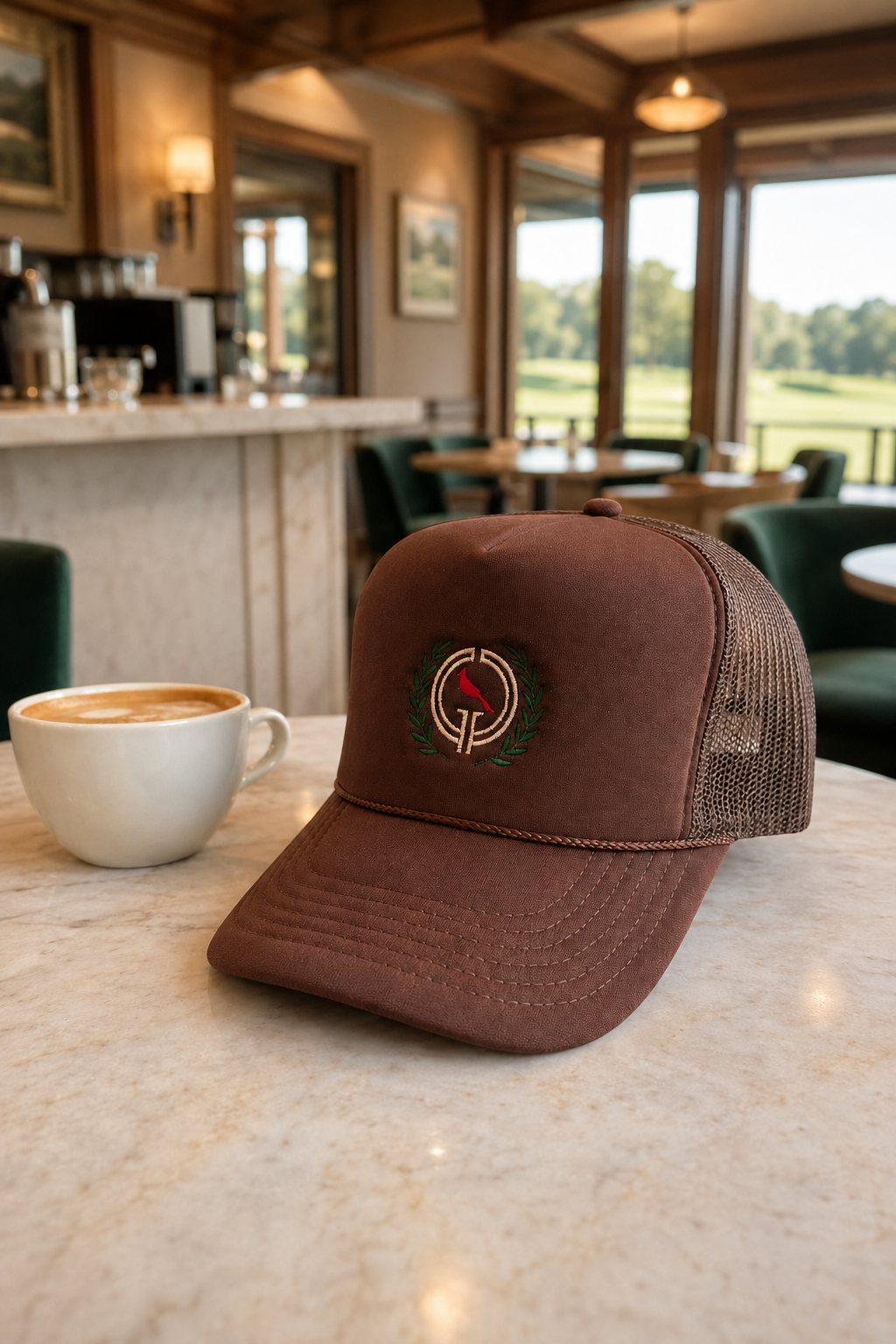 A brown trucker hat with a mesh back and a circular embroidered logo sits on a light marble table next to a white coffee cup in a cafe setting.